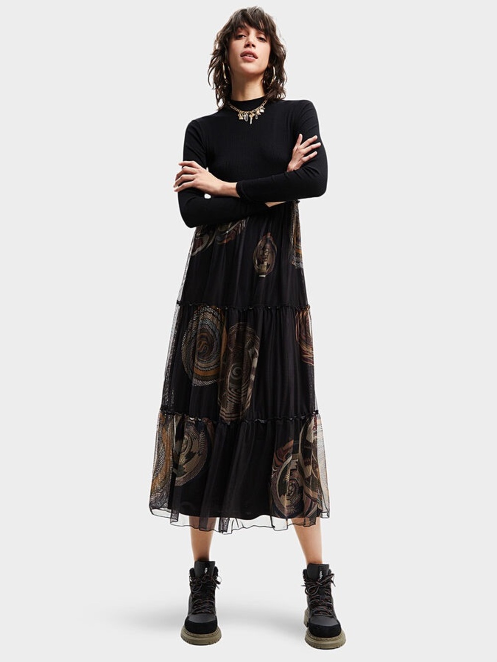 Desigual Gloria Dress Black Tiered Mesh Long Sleeve - #283
